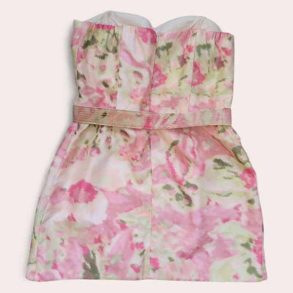 The Limited Event Strapless Pink Watercolor Floral Belted Mini Dress Tea Party 8 - Picture 2 of 8